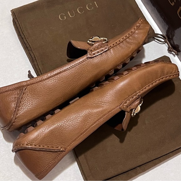 Authentic Gucci Leather Driving Shoes Loafers with Bamboo Horsebit Size 39 Tan - Picture 6 of 17